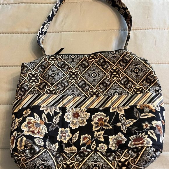 Fall floral cotton zip closure satchel purse in black/khaki/rust/gray colors. - Picture 3 of 5